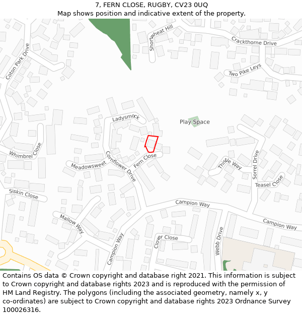 7, FERN CLOSE, RUGBY, CV23 0UQ: Location map and indicative extent of plot