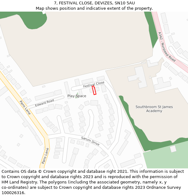 7, FESTIVAL CLOSE, DEVIZES, SN10 5AU: Location map and indicative extent of plot