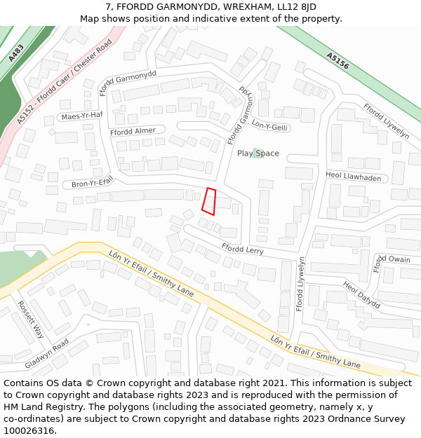 7, FFORDD GARMONYDD, WREXHAM, LL12 8JD: Location map and indicative extent of plot