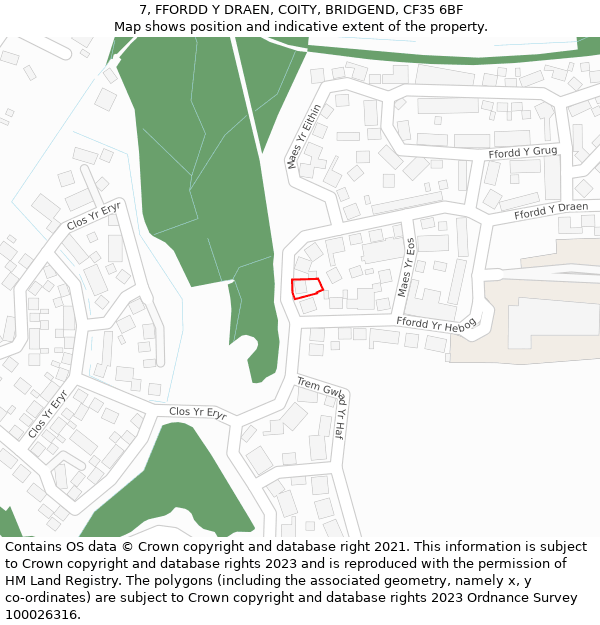 7, FFORDD Y DRAEN, COITY, BRIDGEND, CF35 6BF: Location map and indicative extent of plot