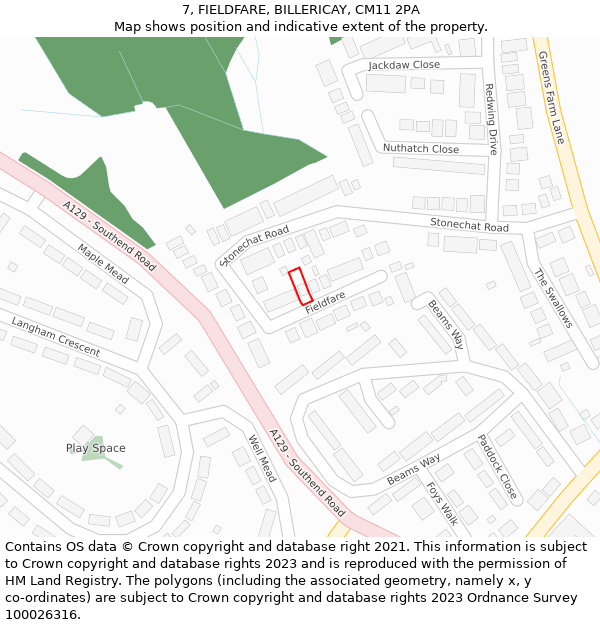 7, FIELDFARE, BILLERICAY, CM11 2PA: Location map and indicative extent of plot