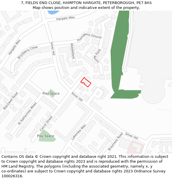 7, FIELDS END CLOSE, HAMPTON HARGATE, PETERBOROUGH, PE7 8AS: Location map and indicative extent of plot