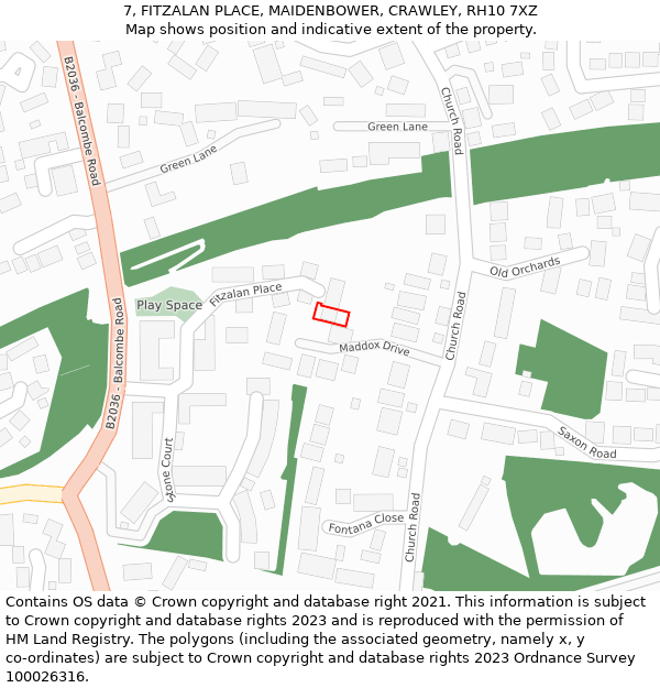 7, FITZALAN PLACE, MAIDENBOWER, CRAWLEY, RH10 7XZ: Location map and indicative extent of plot