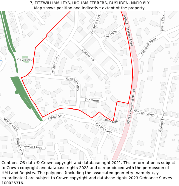 7, FITZWILLIAM LEYS, HIGHAM FERRERS, RUSHDEN, NN10 8LY: Location map and indicative extent of plot