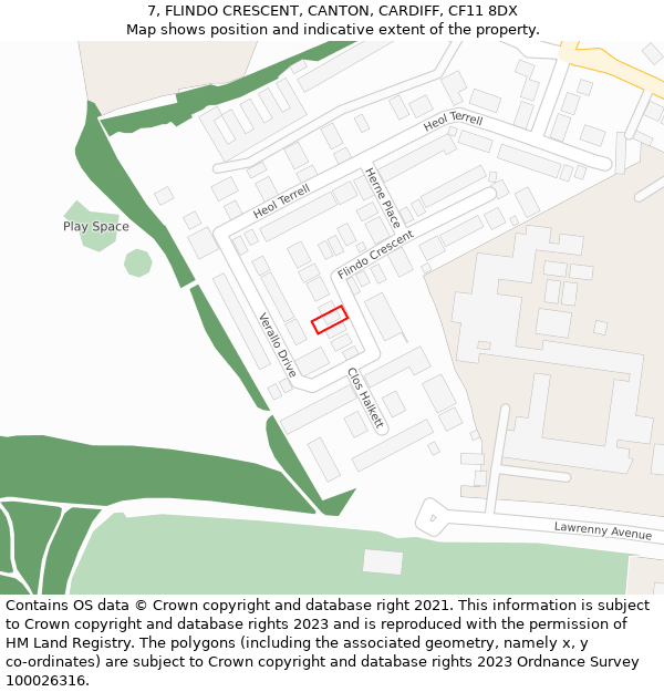 7, FLINDO CRESCENT, CANTON, CARDIFF, CF11 8DX: Location map and indicative extent of plot