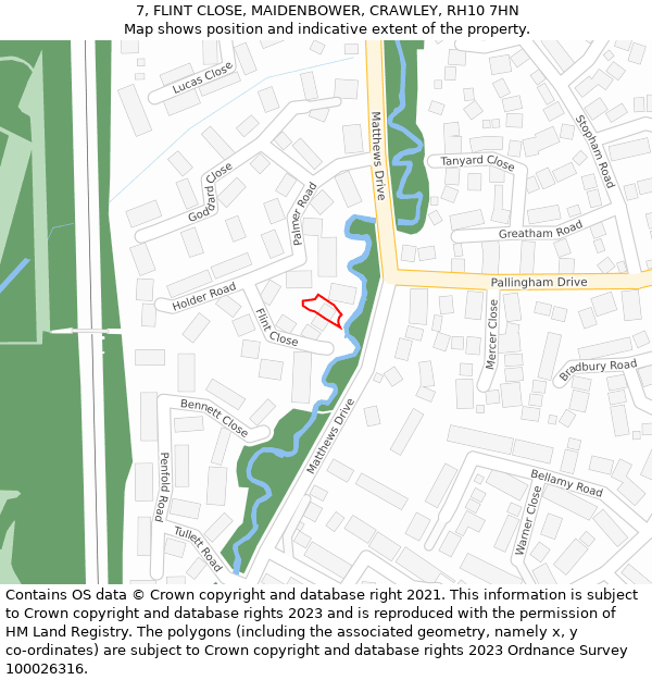 7, FLINT CLOSE, MAIDENBOWER, CRAWLEY, RH10 7HN: Location map and indicative extent of plot