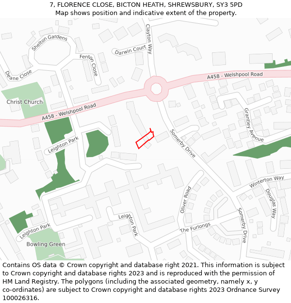 7, FLORENCE CLOSE, BICTON HEATH, SHREWSBURY, SY3 5PD: Location map and indicative extent of plot