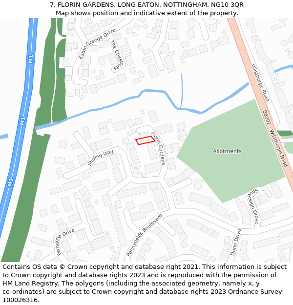 7, FLORIN GARDENS, LONG EATON, NOTTINGHAM, NG10 3QR: Location map and indicative extent of plot