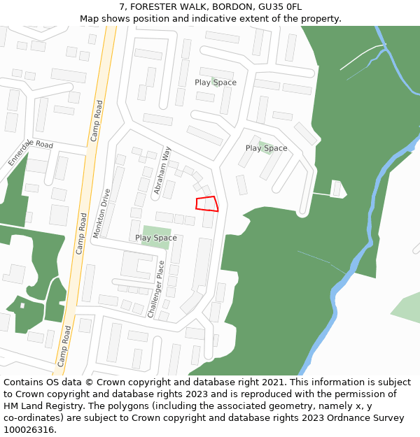 7, FORESTER WALK, BORDON, GU35 0FL: Location map and indicative extent of plot