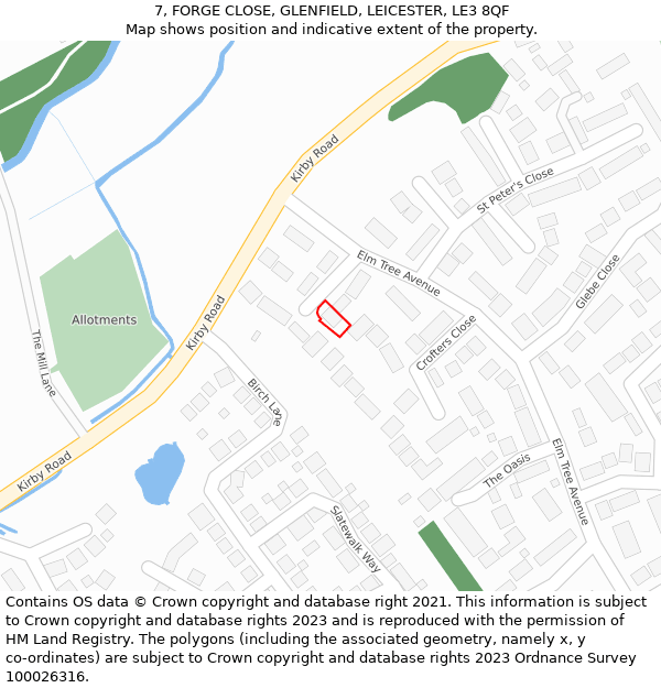 7, FORGE CLOSE, GLENFIELD, LEICESTER, LE3 8QF: Location map and indicative extent of plot