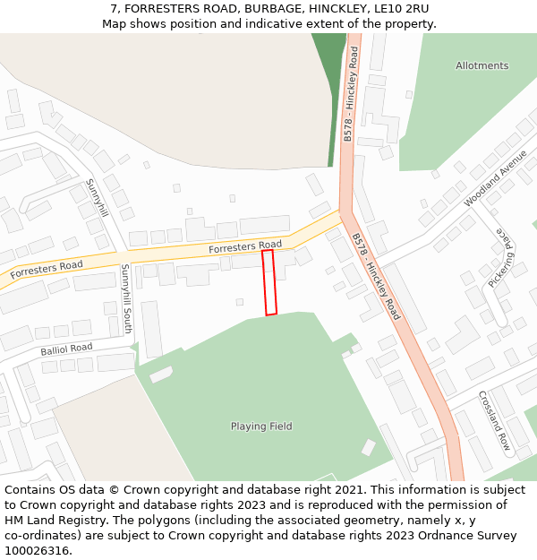 7, FORRESTERS ROAD, BURBAGE, HINCKLEY, LE10 2RU: Location map and indicative extent of plot