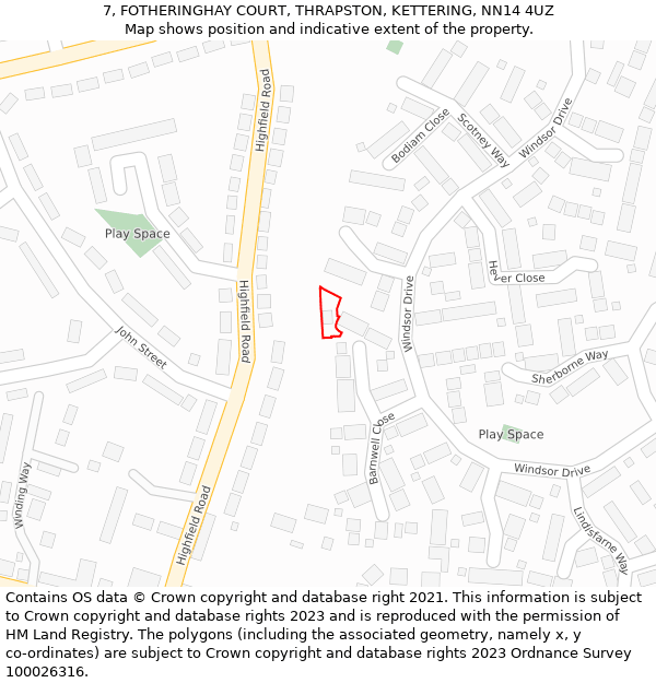 7, FOTHERINGHAY COURT, THRAPSTON, KETTERING, NN14 4UZ: Location map and indicative extent of plot