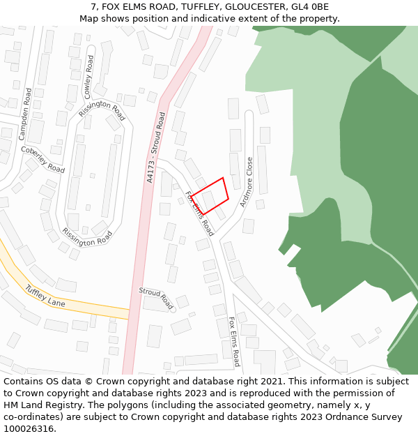 7, FOX ELMS ROAD, TUFFLEY, GLOUCESTER, GL4 0BE: Location map and indicative extent of plot