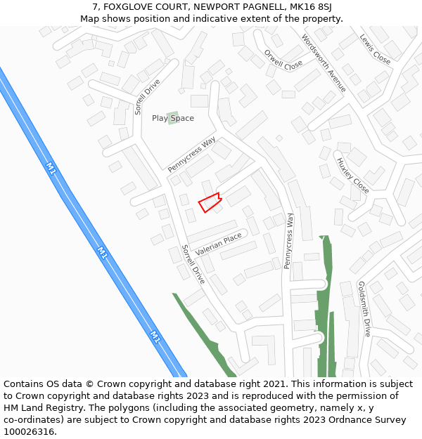 7, FOXGLOVE COURT, NEWPORT PAGNELL, MK16 8SJ: Location map and indicative extent of plot