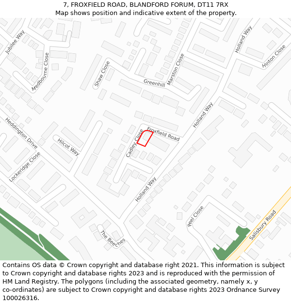 7, FROXFIELD ROAD, BLANDFORD FORUM, DT11 7RX: Location map and indicative extent of plot