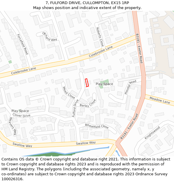 7, FULFORD DRIVE, CULLOMPTON, EX15 1RP: Location map and indicative extent of plot