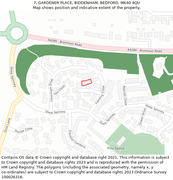 7, GARDENER PLACE, BIDDENHAM, BEDFORD, MK40 4QU: Location map and indicative extent of plot