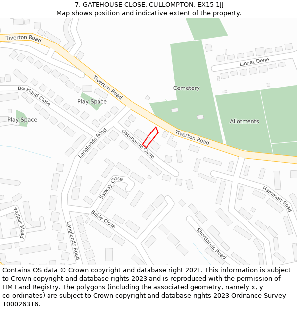 7, GATEHOUSE CLOSE, CULLOMPTON, EX15 1JJ: Location map and indicative extent of plot