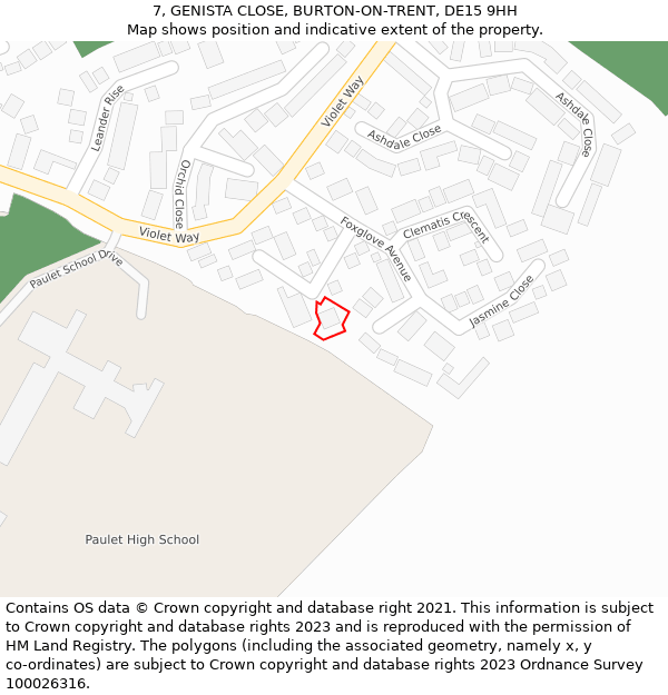 7, GENISTA CLOSE, BURTON-ON-TRENT, DE15 9HH: Location map and indicative extent of plot