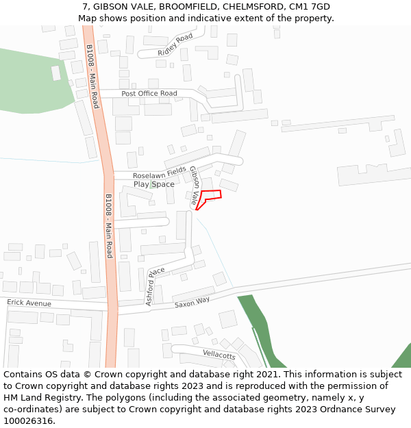 7, GIBSON VALE, BROOMFIELD, CHELMSFORD, CM1 7GD: Location map and indicative extent of plot