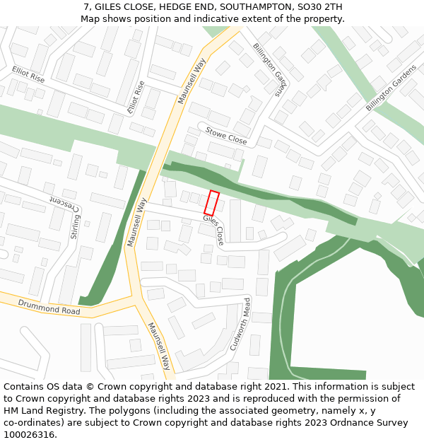 7, GILES CLOSE, HEDGE END, SOUTHAMPTON, SO30 2TH: Location map and indicative extent of plot