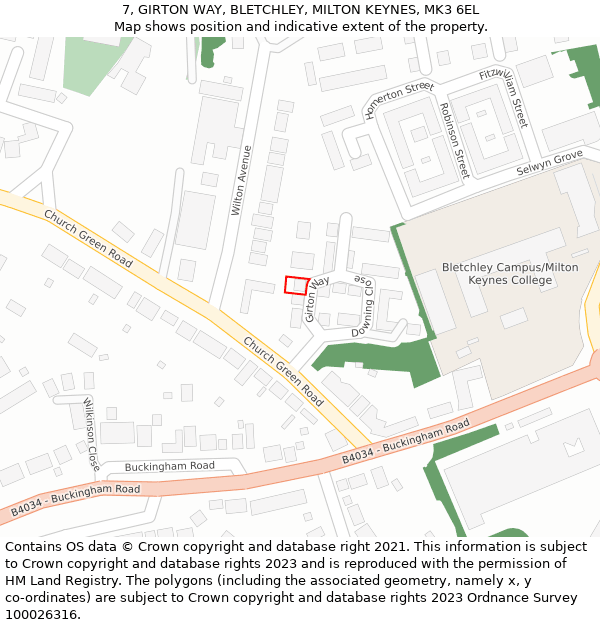 7, GIRTON WAY, BLETCHLEY, MILTON KEYNES, MK3 6EL: Location map and indicative extent of plot