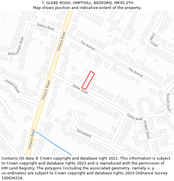 7, GLEBE ROAD, AMPTHILL, BEDFORD, MK45 2TH: Location map and indicative extent of plot