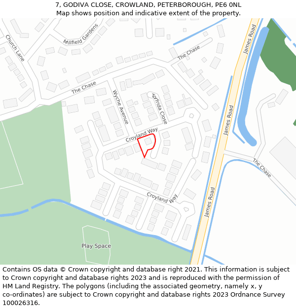 7, GODIVA CLOSE, CROWLAND, PETERBOROUGH, PE6 0NL: Location map and indicative extent of plot
