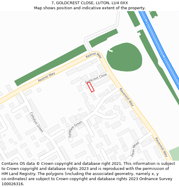 7, GOLDCREST CLOSE, LUTON, LU4 0XX: Location map and indicative extent of plot