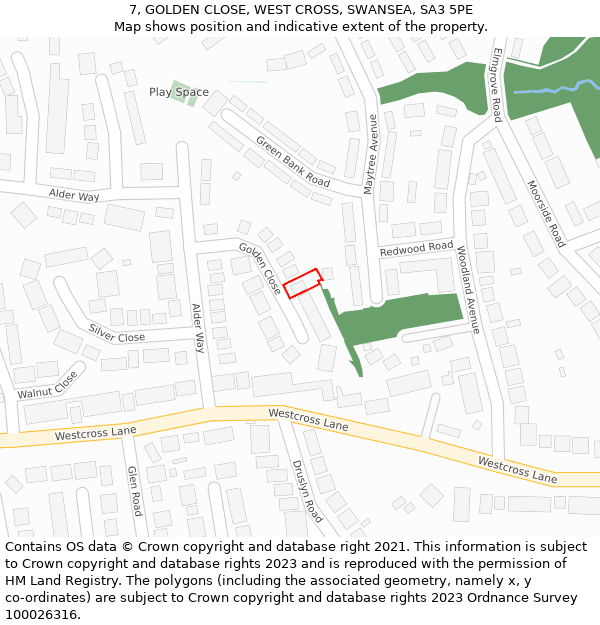 7, GOLDEN CLOSE, WEST CROSS, SWANSEA, SA3 5PE: Location map and indicative extent of plot