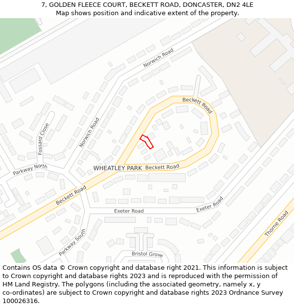 7, GOLDEN FLEECE COURT, BECKETT ROAD, DONCASTER, DN2 4LE: Location map and indicative extent of plot