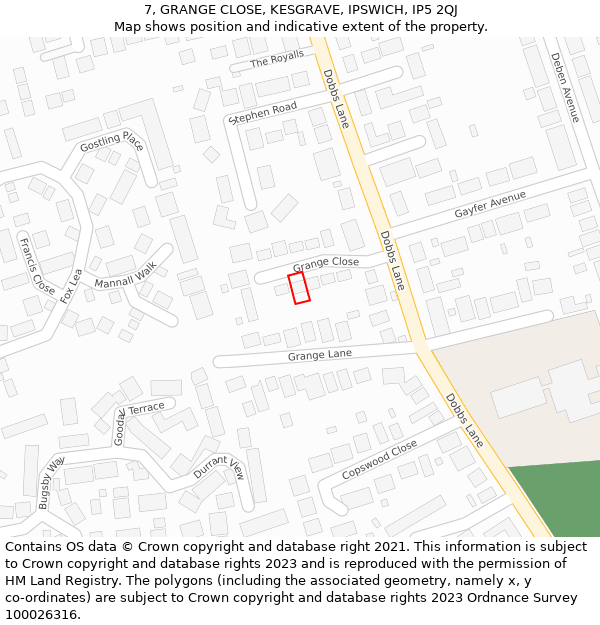 7, GRANGE CLOSE, KESGRAVE, IPSWICH, IP5 2QJ: Location map and indicative extent of plot