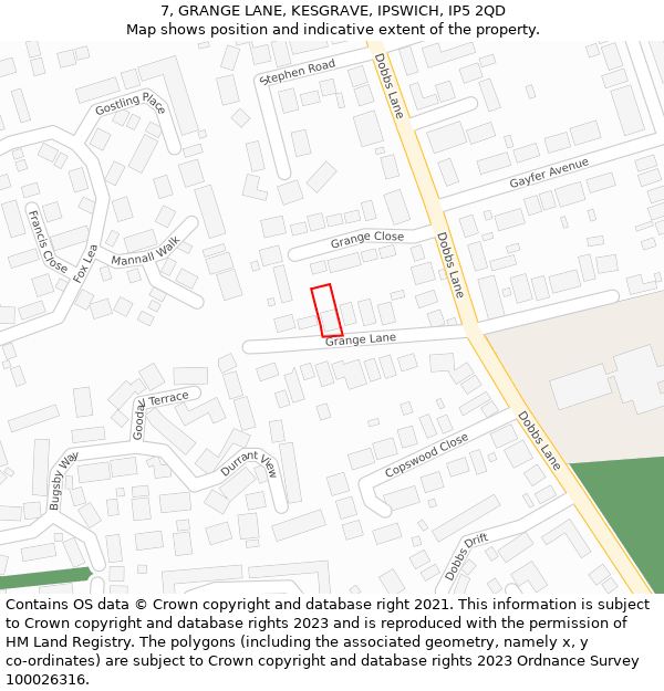 7, GRANGE LANE, KESGRAVE, IPSWICH, IP5 2QD: Location map and indicative extent of plot