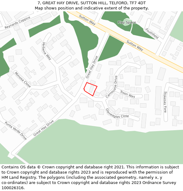 7, GREAT HAY DRIVE, SUTTON HILL, TELFORD, TF7 4DT: Location map and indicative extent of plot