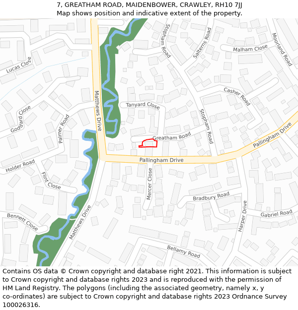 7, GREATHAM ROAD, MAIDENBOWER, CRAWLEY, RH10 7JJ: Location map and indicative extent of plot