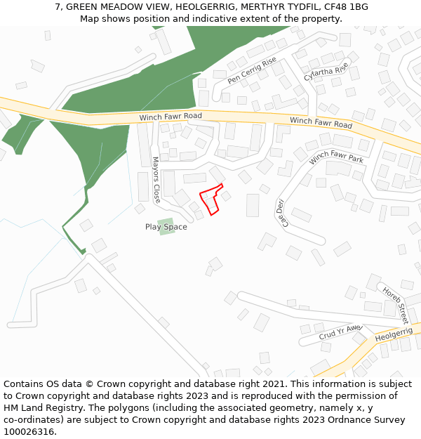 7, GREEN MEADOW VIEW, HEOLGERRIG, MERTHYR TYDFIL, CF48 1BG: Location map and indicative extent of plot