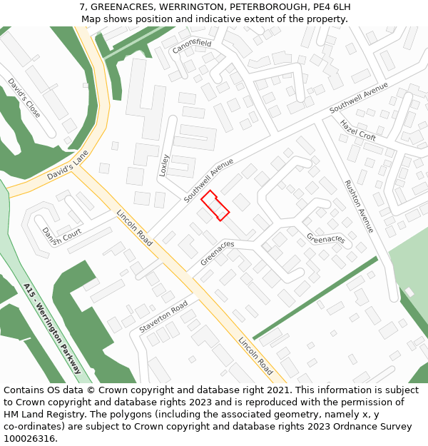 7, GREENACRES, WERRINGTON, PETERBOROUGH, PE4 6LH: Location map and indicative extent of plot
