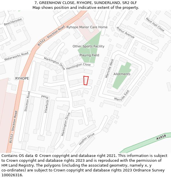 7, GREENHOW CLOSE, RYHOPE, SUNDERLAND, SR2 0LF: Location map and indicative extent of plot