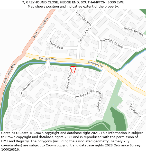 7, GREYHOUND CLOSE, HEDGE END, SOUTHAMPTON, SO30 2WU: Location map and indicative extent of plot