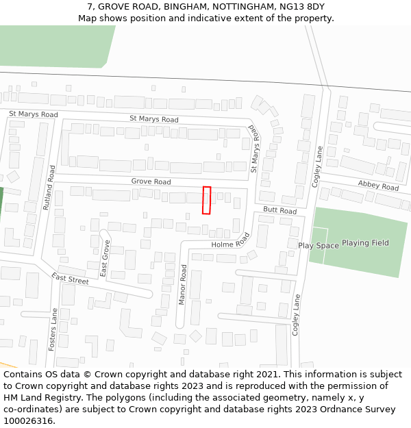 7, GROVE ROAD, BINGHAM, NOTTINGHAM, NG13 8DY: Location map and indicative extent of plot