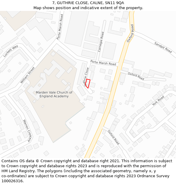 7, GUTHRIE CLOSE, CALNE, SN11 9QA: Location map and indicative extent of plot