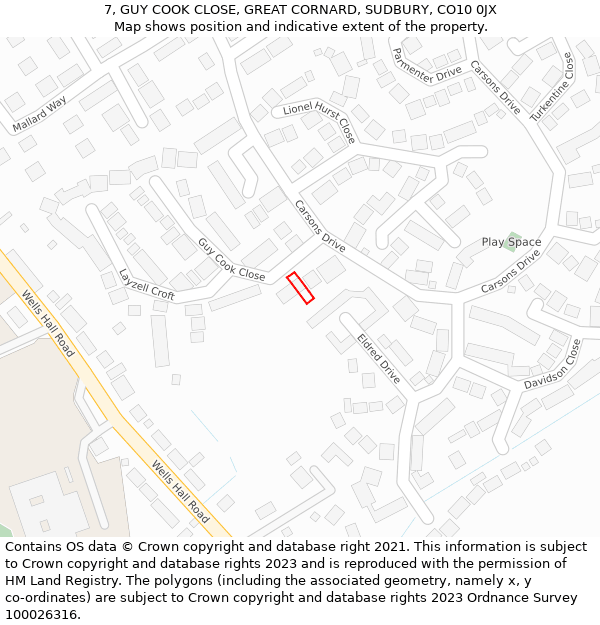 7, GUY COOK CLOSE, GREAT CORNARD, SUDBURY, CO10 0JX: Location map and indicative extent of plot