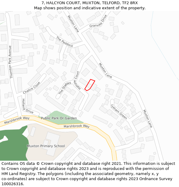 7, HALCYON COURT, MUXTON, TELFORD, TF2 8RX: Location map and indicative extent of plot