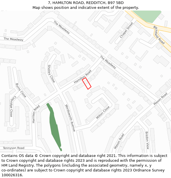 7, HAMILTON ROAD, REDDITCH, B97 5BD: Location map and indicative extent of plot