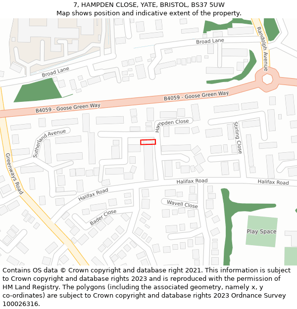 7, HAMPDEN CLOSE, YATE, BRISTOL, BS37 5UW: Location map and indicative extent of plot