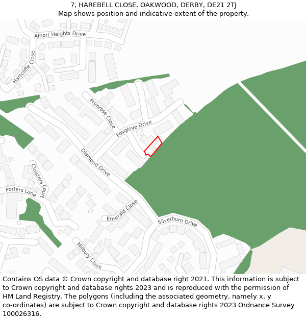 7, HAREBELL CLOSE, OAKWOOD, DERBY, DE21 2TJ: Location map and indicative extent of plot