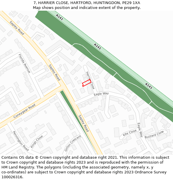 7, HARRIER CLOSE, HARTFORD, HUNTINGDON, PE29 1XA: Location map and indicative extent of plot