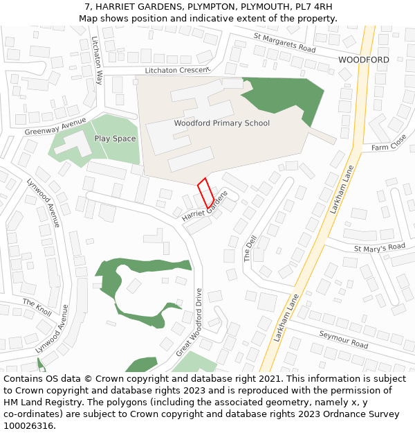 7, HARRIET GARDENS, PLYMPTON, PLYMOUTH, PL7 4RH: Location map and indicative extent of plot