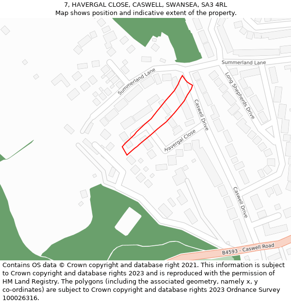 7, HAVERGAL CLOSE, CASWELL, SWANSEA, SA3 4RL: Location map and indicative extent of plot