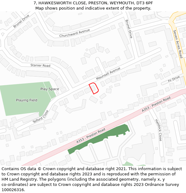 7, HAWKESWORTH CLOSE, PRESTON, WEYMOUTH, DT3 6PF: Location map and indicative extent of plot
